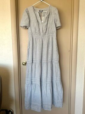 Quince European Linen Tiered Maxi Dress Blue Pinstripe